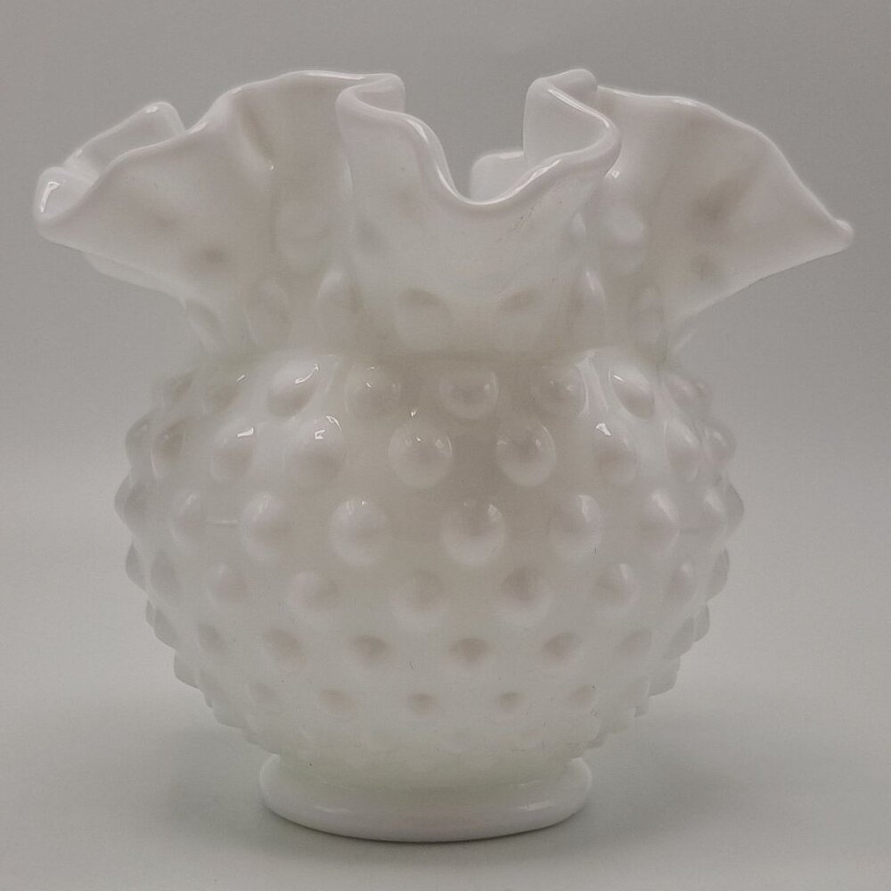 Fenton Hobnail Milk Glass Ruffle Top Squat Vase 4.25" Collectible Display Decor